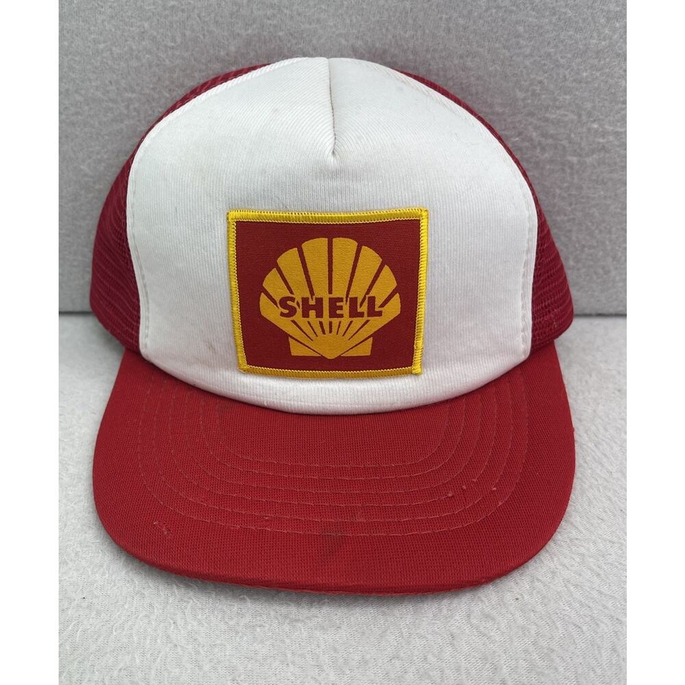 VTG Shell Oil Gas Trucker Hat Red White Snapback Cap 80s 90s Workwear Retro